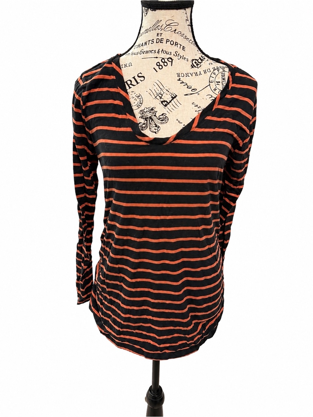 Isabel Maternity Medium Black Orange Stripe Long Sleeve Top Stretch Fall Basic